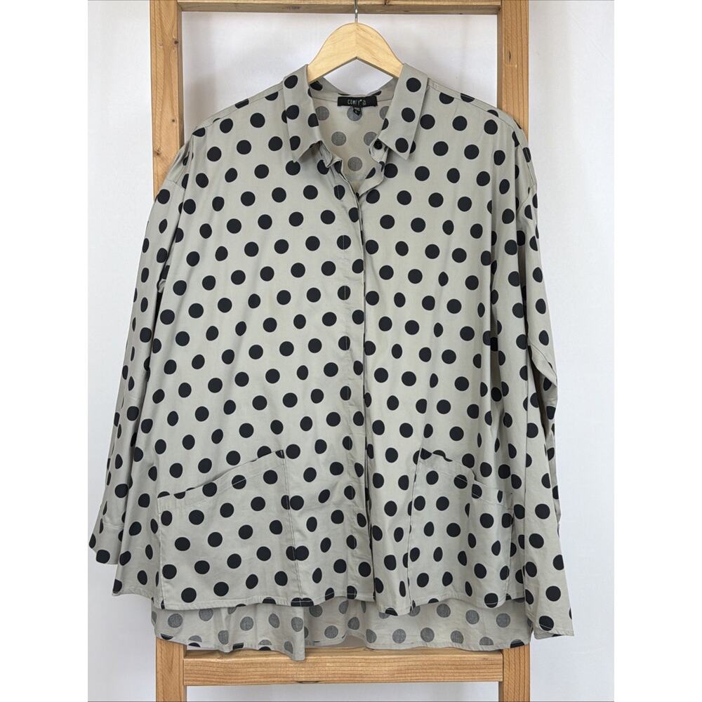 Comfy Taupe & Black Polka Dot High Low Hem Top LARGE Made in USA Cotton Blend